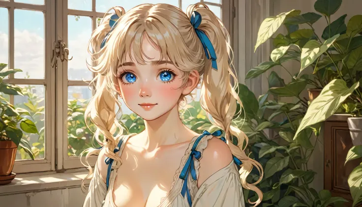 1 girl, age 16, Wearing cotton panties, perfect face, petite and skinny, small breasts, blue eyes, light blonde hair, long curly hair, messy hair, twin tails, shy smile, ribbons, realistic, indoors, soft lighting, plants in background, window with sunlight...