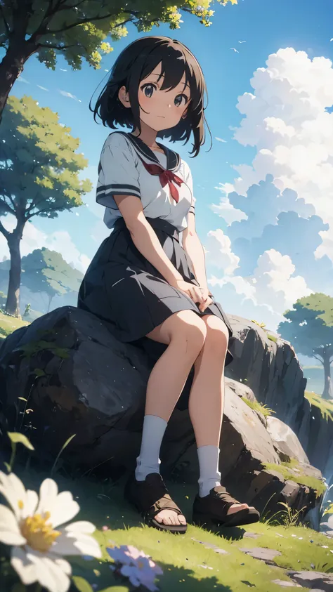 Girl sitting on rock and looking at sky with clouds under a tree, beautiful flowers around, Ghibli anime, 4k, masterpiece, best quality