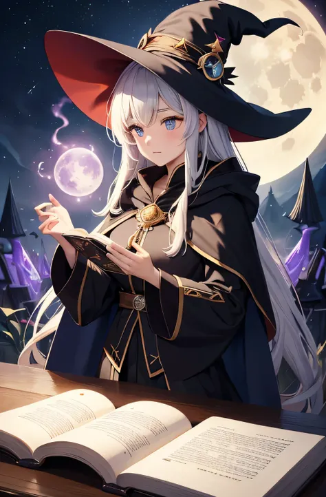 wizard, witch har, masterpiece ,extremely fine and beautiful colors, extremely beautiful and fain design, amazing sapraizz, dynamic production, cinematic lighting ,high resolution ,8k, best quality, , ((Witch of another world fantasy、long cloak、Pointe...