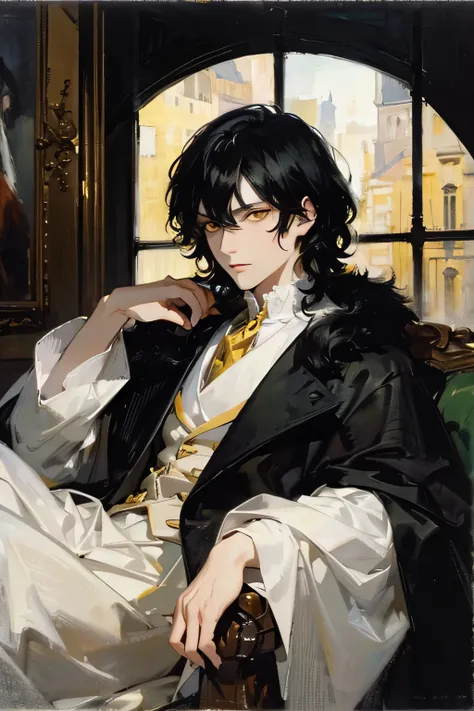 Medium dark and fluffy black hair, pale skin, male, man, feminine male, dark clothes, yellow eyes, bangs, post-Impressionist