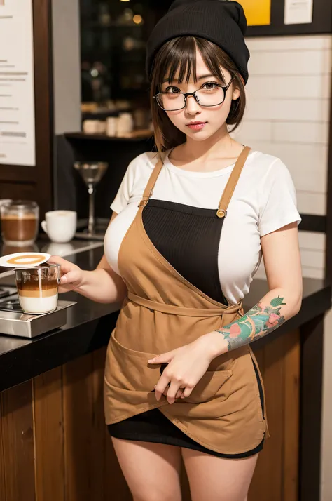 barista, cafe staff, apron, coffee, glasses, knit hat, painting, colorful, full body, tattoo, huge breasts, 1girl, bangs, masterpiece, best quality, ultra quality, high quality, realistic, photo realistic, RAW photo, hyper detailed, intricate detailed, bok...