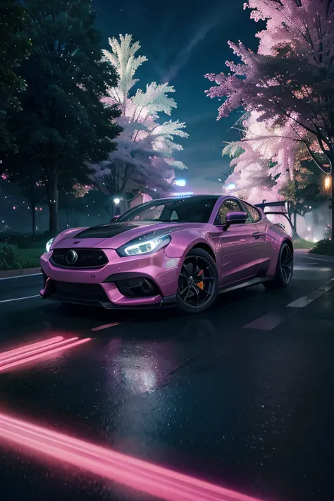 A futuristic car racing through a vibrant fantasy world, with swirling pink and violet hues dominating the sky and landscape. The car is sleek, metallic, and glowing with neon lights. The environment is otherworldly, featuring floating islands, giant glowi...