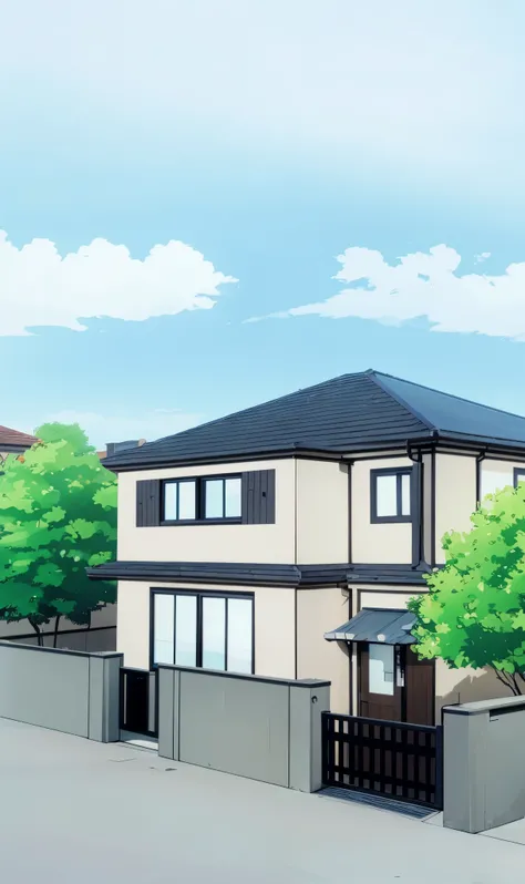 a scene of a anime house, house in the city, blue roof house, anime vibe, sunset time, orenge light effect, evening 