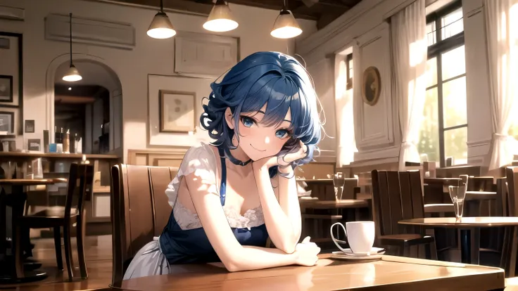 ((best quality)), ((masterpiece)), (detailed),  1 girl , blue hair,,curly hair, short hair,  open cafe, is talking to me, table ...