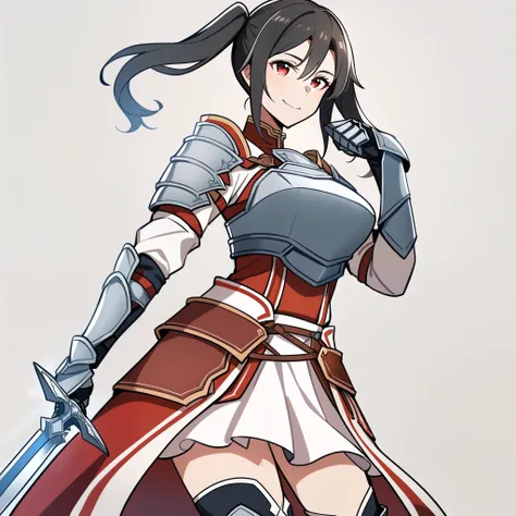 (high-quality, breathtaking),(expressive eyes, perfect face) 1girl, female, solo, Sword Art Online, mature, half open eyes, Alicization, Symmetrical Eyes, simple background, gentle smile, short hair, fantasy outfit, SAO inspired, metTif, armor, chest plate...