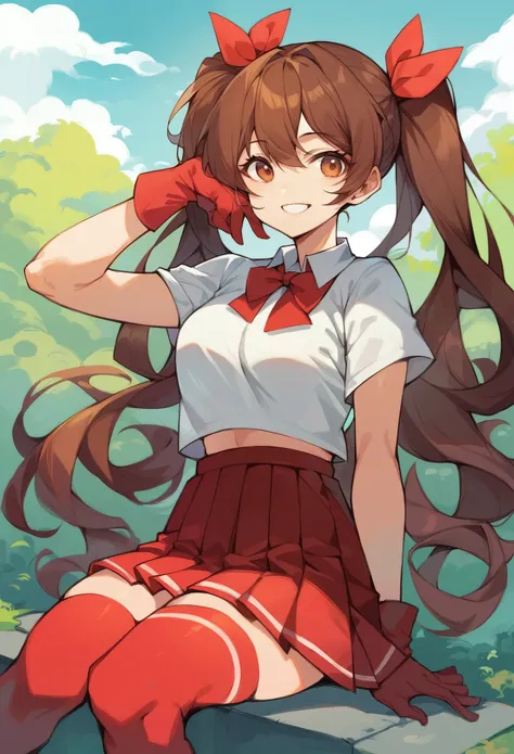 score_9, score_8_up, score_7_up, score_6_up, score_5_up, score_4_up, source_anime, 1girl, pigtails, hair bow, white crop top, red tie, looking at viewer, outdoors, red pleated skirt, red short skirt, red stockings, brunette hair, red gloves, smile, sitting...