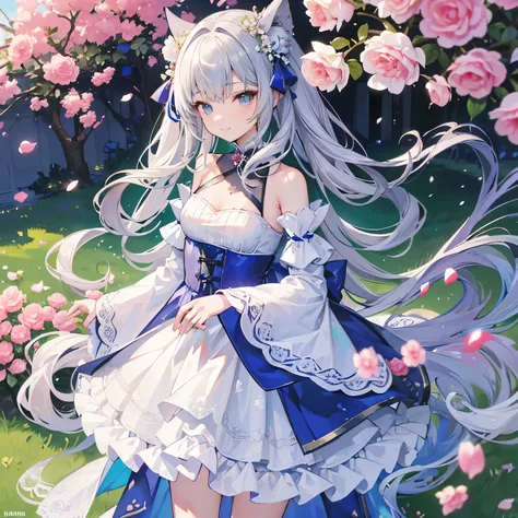 ​master piece , Best Quality，Wallpaper 8k CG, hyper quality, The best ，1girl in,Solo，Seductive smile,
Wavy Hair,Little pretty girl，
The costume is a flower hair ornament..,{{Turquoise dress}}, Gray Shadow Dress,Wide sleeves,Floral Print Sleeve,Gothic ta,Wh...