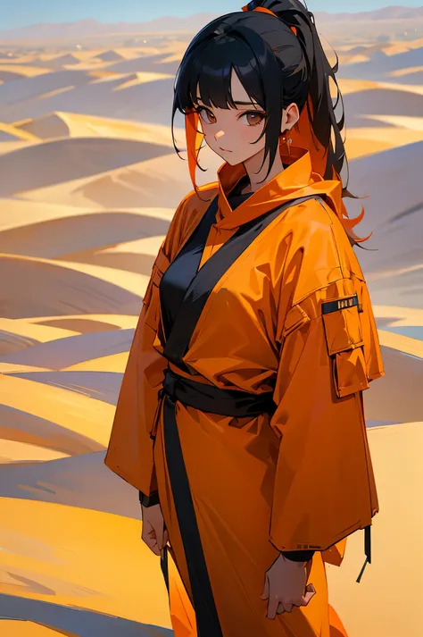 Adult, Female, Desert Clothing, Black hair color, Sash, Atomic tangerine hair color.