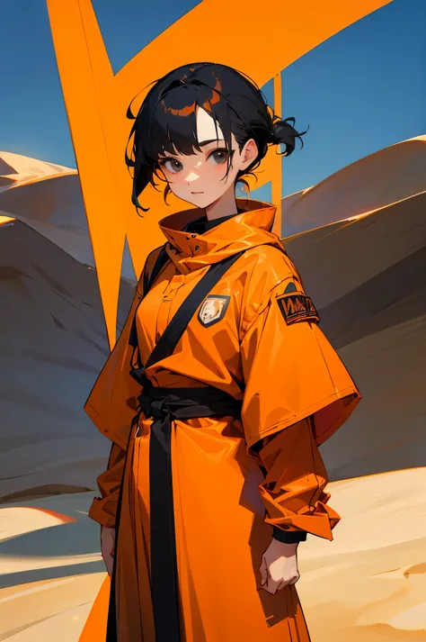 Adult, Female, Desert Clothing, Black hair color, Sash, Atomic tangerine hair color.