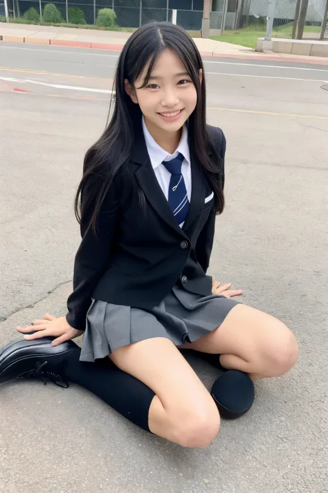 Young woman standing in the schoolyard、Long black hair、 idol style 、uniform、Knee-high socks、mini skirt、Cute face、smile、Hands spread out to the side 、Full body front