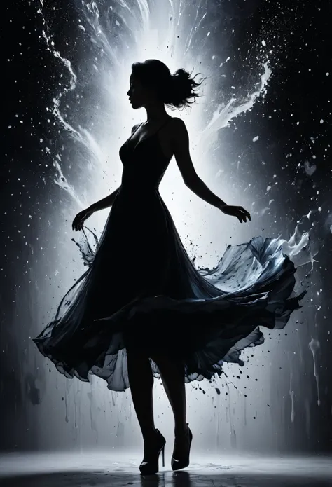 a Lady silhouette (best quality,4k,8k,highres,masterpiece:1.2),ultra-detailed,(realistic,photorealistic,photo-realistic:1.37),ink splatter art,abstract,black and white,high contrast,dark shadows,fluidity,mysterious aura,spontaneous creation,stunning textur...