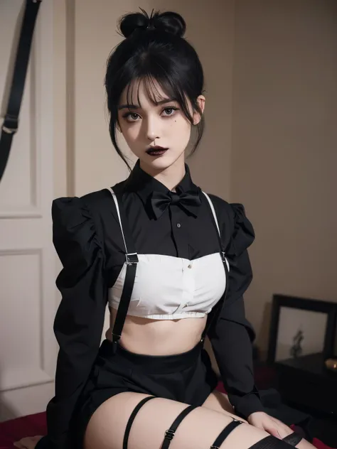 1girl, black suspenders, goth, goth makeup, black lips, black lipstick, black shirt, long sleeves, bangs, hair bun, bow tie, bedroom, sitting, stockings, looking at viewer, facing viewer