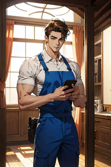 High definition,High quality,Very handsome, very tall and muscular young male indoor repairman
