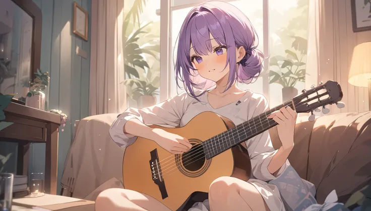 Best Quality,Girl playing classical guitar in room,cute,Purple Hair,relax,Pastel colors