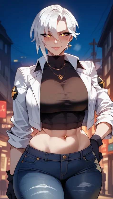 (best quality: 1.3)、(4K quality)、clean and beautiful face、a 1girl、(white hair、golden eyes、big breasts、thin、bare belly、athletic curves、piercing no umbigo、wide thighs)、stand up、posing、Zenless Zone Zero、((white jacket、jeans))、 erotic、manager、night time、smile、...