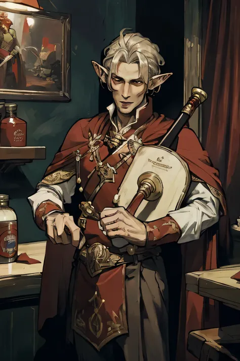 " A male young elf in red noble clothes and red cape, playing a bagpipes instrument, standing in tavern background. Best quality, (masterpiece), ( methurlant), comic, y2k animation, intricate detail, smooth,