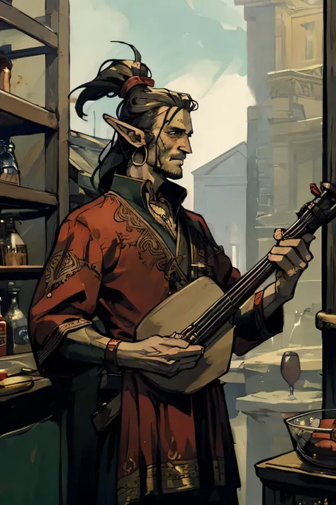 " An elf in red noble clothes playing a bagpipe, standing against an intense happy tavern background and showcasing his skills as a talent bard. Best quality, (masterpiece), ( methurlant), comic, y2k animation, intricate detail, smooth,