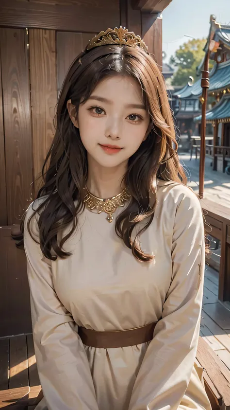 best quality, masterpiece, brown hair, gold eyes, brown clothes, , upper body,Fair skin, long wavy hair  Chinese wooden architecture behind, sunlight falling on her , closed mouth, smiling, drunk blush, looking at viewer , cute poses , queen 👑, Korean thro...