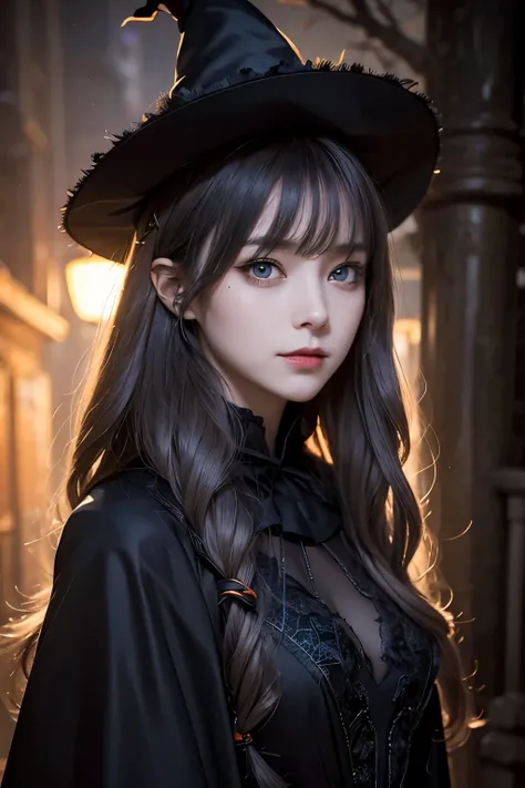 Masterpiece, Top quality, Dark night in the moonlight, Beautiful woman, (Super high definition beautiful eyes and face), Smile, Dark grey loosely curled long hair, Focus on face, Close-up, (Small bust), (Traditional wizard costume with black pointed hat), ...