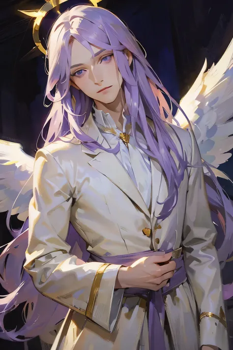 lavendar hair, long hair, fluffy hair, purple eyes, pale skin, angel, halo, angel wings, male, feminine male, thin, post-Impressionist, High Resolution, Masterpiece, Accurate, Best Quality, 