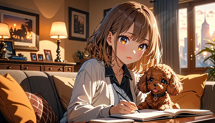 a girl writing in a notebook on a couch, a brown toy poodle sitting nearby, beautiful detailed eyes, beautiful detailed lips, extremely detailed eyes and face, long eyelashes, girl in a living room, detailed interior, soft lighting, warm color tones, anime...