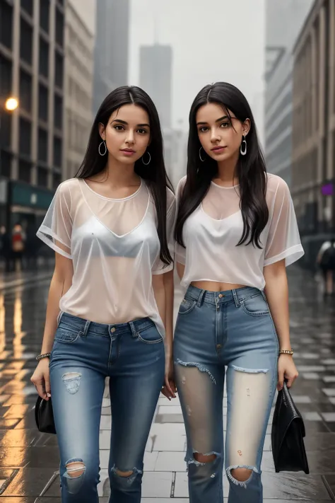 two young woman standing in the rain in the city, wet sheer t-shirt, wet tight short  jeans, long hair, beautiful face, big earr...