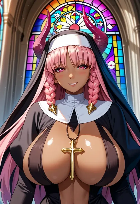 score_9, score_8_up, score_7_up, score_6_up, source_anime, 1girl, solo, phtsma, pink hair, long hair, twin braids, dark-skinned female, pink eyes, demon horns, nun habit, nun dress, black dress, huge breasts, looking at you, smile, church, stained glass, u...