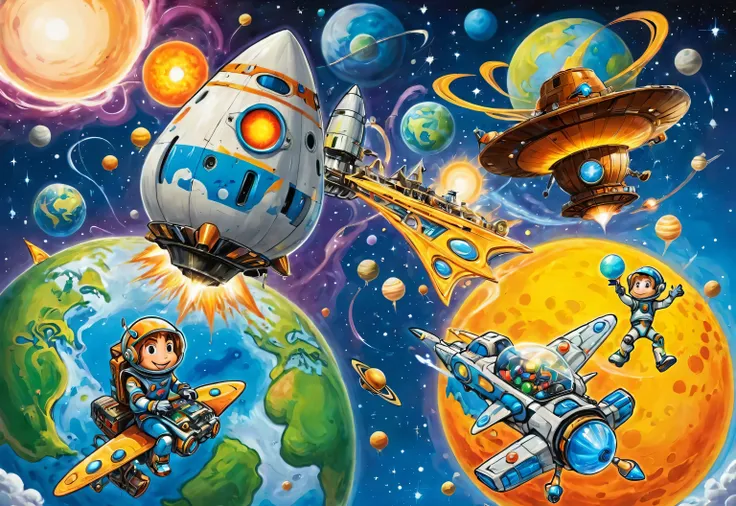 The Earth is connected to other planets in the universe, Space Station was also built on the Moon , rockets firing ,elf们乘坐着帽子一样的飞艇穿梭在太空,Shoe-like cars speeding on connecting tracks。There are robots on the planet , Strange Aliens 。Space,Space Station,futu...