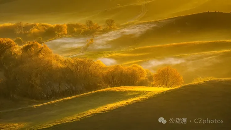 stunning views of a valley with trees and roads in the distance, golden grassland , golden morning,  autumn sunrise warm light ,...