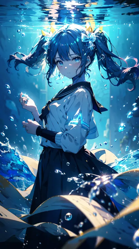 (masterpiece, 8k, highest quality), (full body), wearing sailor uniform, twin tails, shining eyes with beautiful details, pose floating in water, sparkling air bubbles, background is simple and blue mystical underwater, sparkling like stars, looking at cam...