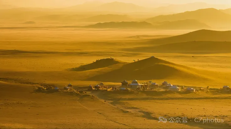  Ruins in the desert ， There is a village in the distance ,  Movie scene of the Silk Road , golden grassland, sci - fi Mongolian village, Mongolia, Golden Morning,  Golden Mountain in the desert , by Xia Yong, Warm and beautiful scene, Soft golden light,  ...