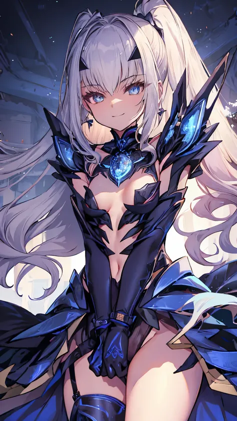 NSFW,highest quality,High resolution, Super detailed,game CG,dutch angle,detailed and beautiful eyes,beautiful girl,chest focus,(enchanting smile), (spread your legs), (raise your legs), armor, Armored dress, Black dress, Black gloves, Blue Armor, Blue dre...