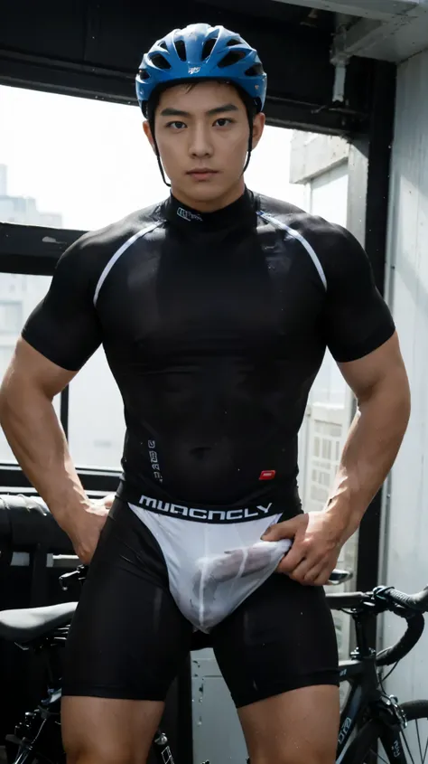 Masterpiece, Best quality, handsome Korean man, 30 years old, idol, oppa, Solo, buzz cut, short hair, view the viewer, Mature male, toned male, Tik, black sport g string, velocity, Bulge, Crotch, detailed bulge, Slim, slim thighs, Wet, Wet clothing, Wet bu...