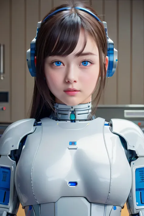 masterpiece, best quality, extremely detailed, Japanese android girl,Plump,chubby,control panels,robot arms,robot,android,cyborg,white robot body,ceramic body,perfect robot girl,blunt bangs,robot repair plant,chubby,blue eyes,