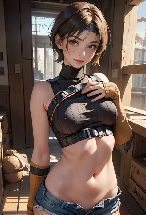 masterpiece, Best Quality:1.4), ( 1 girl ), Alone, (European youth:1),  1 girl , short hair, Headband Belly Button,  sleeveless, turtleneck,  Brown Eyes ,  sleevelessturtleneck, Alone, chest,Underboob、No bra、 Browse your viewers,  sexy smile , Mitt, Crop t...