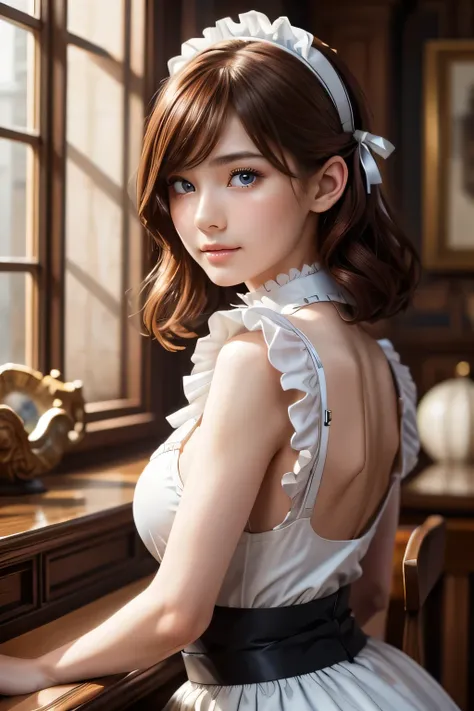 A pretty maid. best quality, masterpiece, Auburn hair, sky blue eyes, wearing a steriotypical French maid outfit, (headdress、white blouse、black ribbon、White Apron、ruffle skirt、puff sleeves、collar、choker、apron with fine ruffles：1.3)、black maid costume). loo...