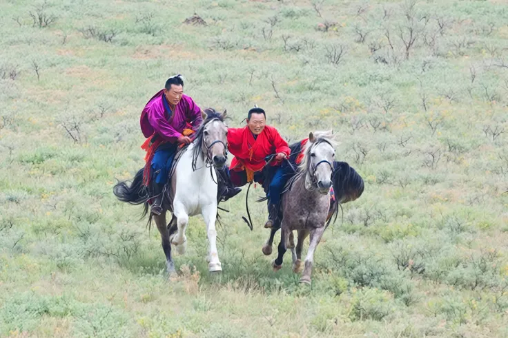 有两个人带着狗在田野里horse riding, Mongoliaia,  tribe members chase , local people chasing to attack, On the grassland, Driven by horses , ByAlexander Fedosav, horse riding, horse riding,  Ayanamikodon and Iraklinadar , 骑手携带一把大剑,  Azamat Hiroff , Mongolia