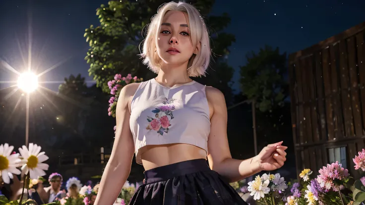 realistic, 1girl, white hair, purple eyes, glowing eyes, crop top, skirt, parted lips, blush, night, flowers, sun, sunlight,