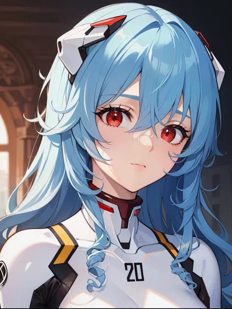 masterpiece, best quality, integrated scenery, integrated background, extremely delicate and beautiful, meticulous details, good composition, , cute face, perfect face, perfect hands ,reiayanami, Rei Ayanami, Blue hair,(Long_messy_hair:1.4),(curly hair:1.4...