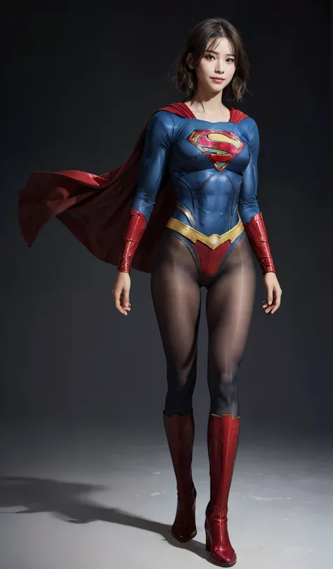 No background、(((Beautiful legs in black tights.)))、(((Legally Express the Beauty of Your Smile)))、((((Make the most of your original images)))、((( Supergirl Costume)))、(((Beautiful short bob hair)))、(((suffering)))、(((Please wear black tights....、Wear red...