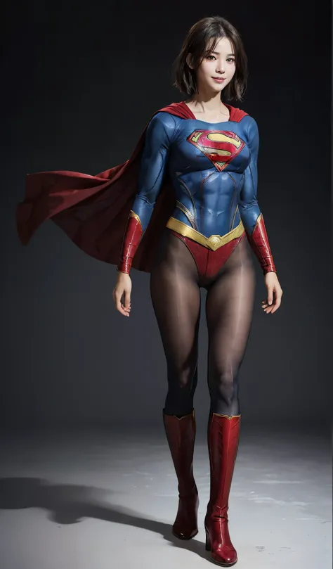 No background、(((Beautiful legs in black tights.)))、(((Legally Express the Beauty of Your Smile)))、((((Make the most of your original images)))、((( Supergirl Costume)))、(((Beautiful short bob hair)))、(((suffering)))、(((Please wear black tights....、Wear red...
