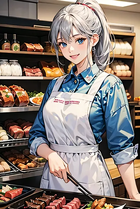  1 girl ,  ponytail, Grey Hair, smile, blue eyes, White shirt,Black Apron,Yakiniku restaurant,Store clerk,30th Generation,