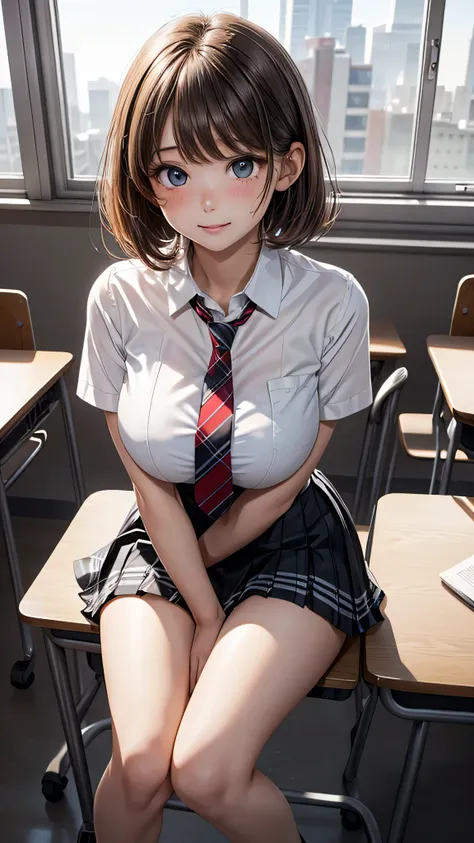 (classroom), (sitting at a desk), (girl), (huge breasts:1.3), (tie), (white short sleeve collared shirt:1.3), (checkered pleated...