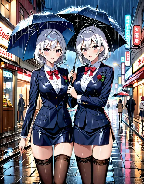 ,twins,white hair,stockings,mature female,rain,night city