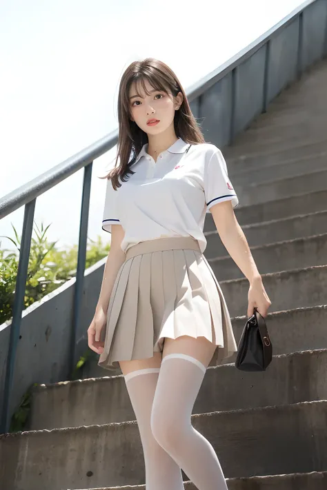 heavy rain, soaked, long hair, looking at viewer, smile, bangs, skirt, brown hair, shirt, short sleeves, brown eyes,  bob hair, Running in Stairway of ball park, white polo shirt, pleated micro skirt, open clothes, Leather shoes, striped, collared shirt, D...