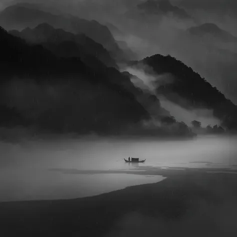 aravd boat in the middle of a body of water，mountains in the background, fanhao photography,  gloomy foggy atmosphere , only bla...