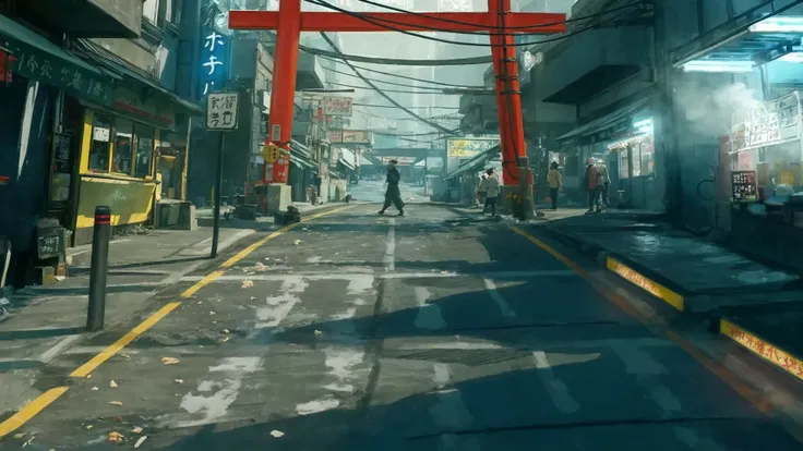 A daytime city street scene from a head-on perspective. There are Kabukicho pillars at the end of the street. There are small shops on the side of the street, full of life. On the right is a food shop. Steam is floating outside the street. There are variou...