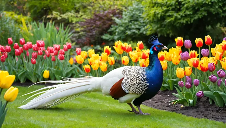 A stunning white pheasant with a blue crest and red face stands majestically in a vibrant garden. Its long tail feathers are spread out behind it, creating a beautiful fan of white and grey. The pheasant is surrounded by a sea of colorful flowers, includin...