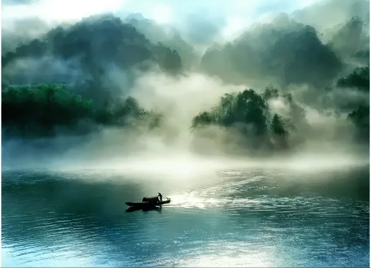 There is a person on the boat on Lake in the fog, Extremely beautiful and ethereal, Peace and quiet, in a Tranquil landscape, Water mists, beautiful Tranquil landscape, by Xie Shichen, Water mist, Beautiful and mysterious, Beautiful lake, Tranquil landscap...