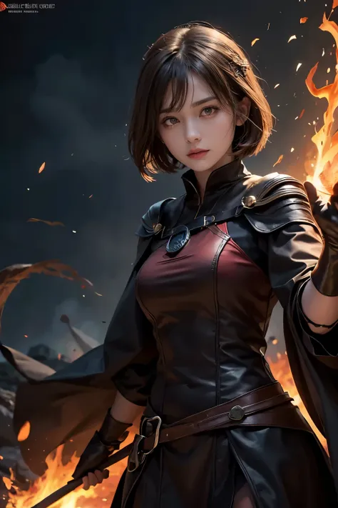 8k, young women, brown hair, short hair, fire witch, witch outfit, witch robe, fire fist, fire power, fire pillars, blazing flames, long gloves, black clothes, glowing eyes, glowing pupils, focused, serious look, looking down on people, death stare, fighti...